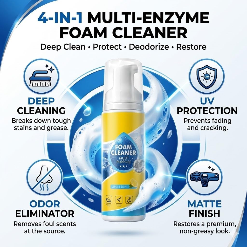 4-in-1 Multi-Enzyme Foam Cleaner 5oz, Multi-Purpose Foam Cleaner Car Interior, Multi-Purpose No-Rinse Deep Cleaning Spray, for Itchen, Bathroom, Sofa, Leather, Fabric and Plastic, Lemon Scent (1)