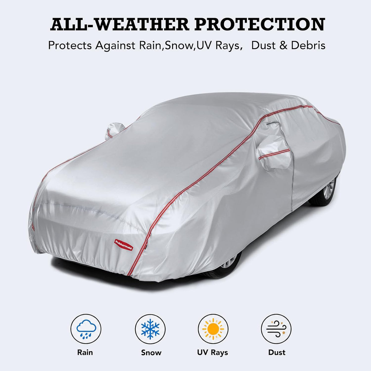 Rubbermaid 10-Layer Waterproof Car Cover– All Weather Full Exterior Vehicle Cover with Driver Door Zipper, Windproof Straps, UV & Snow Protection, Universal Fit (See Size Chart Before Purchase)