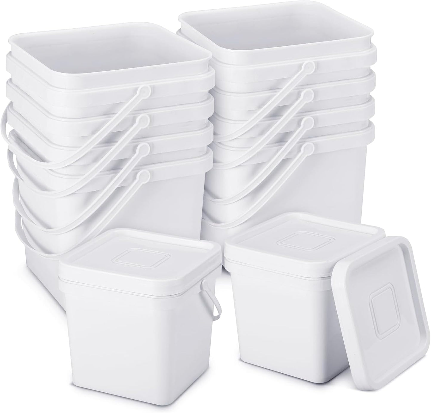 Suzile 2.2 Gallon Square Bucket with Lid Food Grade Plastic Bucket 10L Utility Industrial Pail with Handle Container for Food Oil Tub Water Fishing Paint House Cleaning Car Washing(White,10pcs)