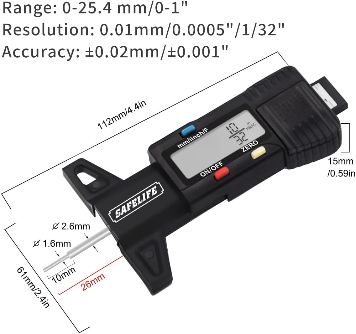 SAFELIFE Digital Tire Tread Depth Gauge, 3 Modes-Fractional Inch, Decimal Inch and Millimeter, Zeroable Tire Tread Depth Gauge for Motorcycles,Cars,Trucks Accurate Tyre Tread Depth Gauge-Black