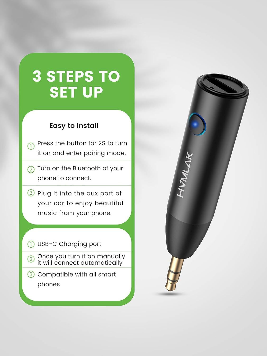 HVMLAK Link280 Car Bluetooth 5.4 Aux Adapter 3.5mm Jack Receiver, 1 Pack