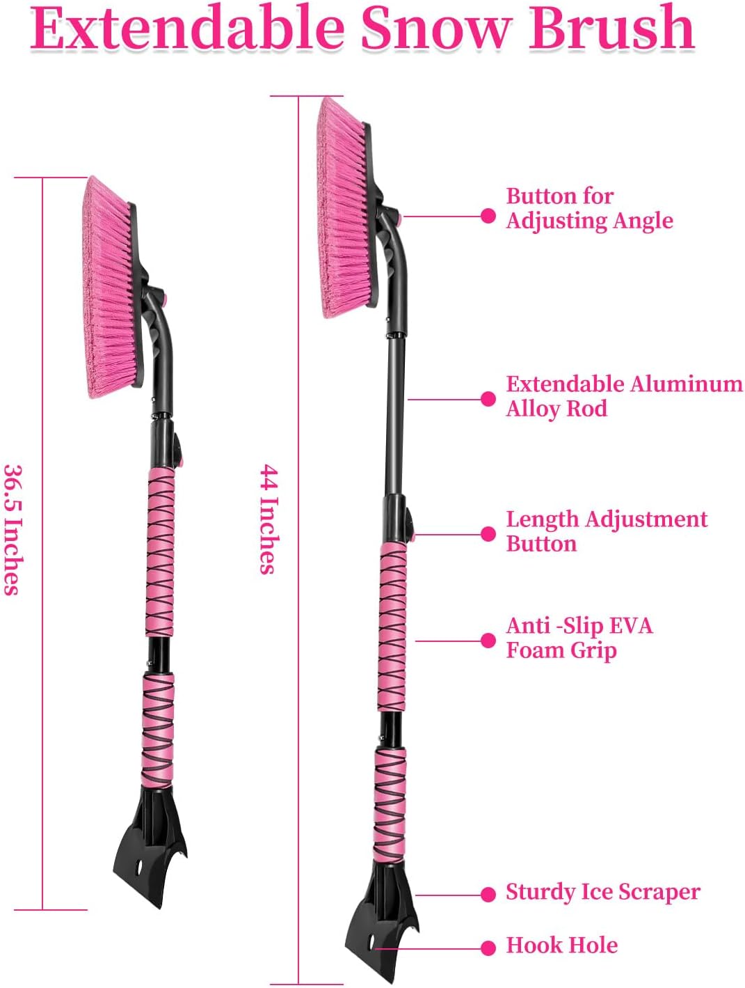 HEEYA 44 Inch Snow Brush for SUV, Ice Scraper for Car Windshield Window, Extendable Snow Scraper and Brush with Comfortable Foam Grip for Truck Vehicle Automobile - Pink