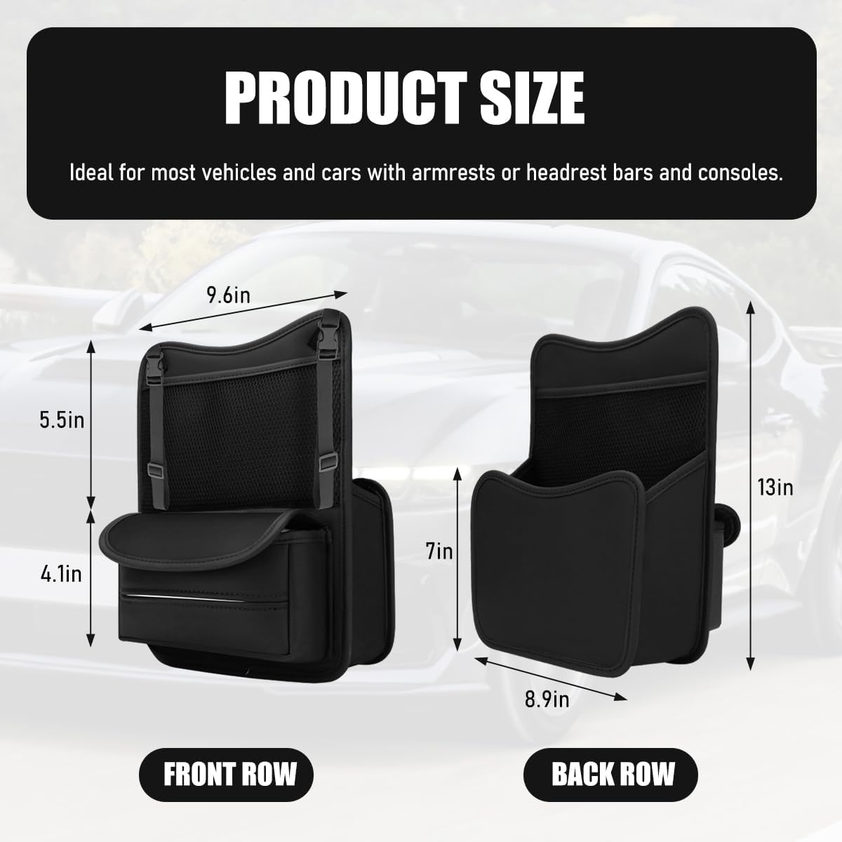 Car Organizer Storage Between Seats, Nappa Leather Front Seat Storage Bag with Tissue Holder, Automotive Console Hanging Net Pocket Handbag Holder for Phone Document (Black)