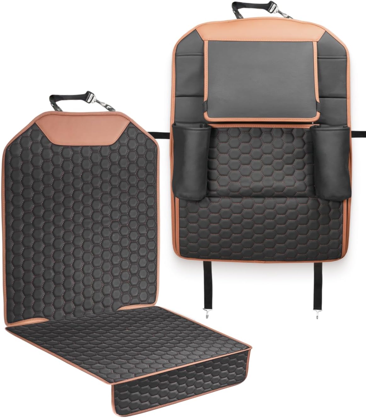 Owleys Over the Car Seat Organizer and Kick Mat Set, 2 Pc, Black/Tan