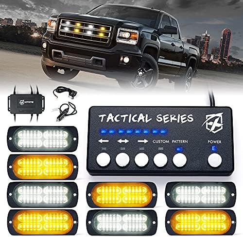 Xprite 24 LED White Amber Surface Mount Strobe Lights Kit with Control Panel, Grill Grille Side Marker Flashing Light Assemblies for Construction Towing Snow Plow Pickup Work Trucks Cars-4PCS