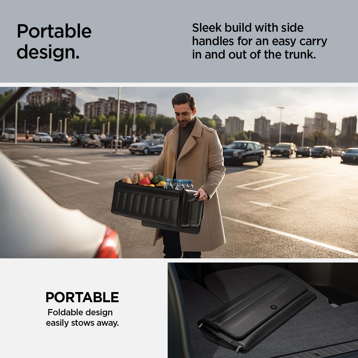 Spigen Trunk Organizer - Collapsible Heavy Duty Foldable with Lid, for Tesla Model Y Juniper L, Model 3/Y/S/X/Cybertruck, Sedan, and all Cars and SUVs - Black