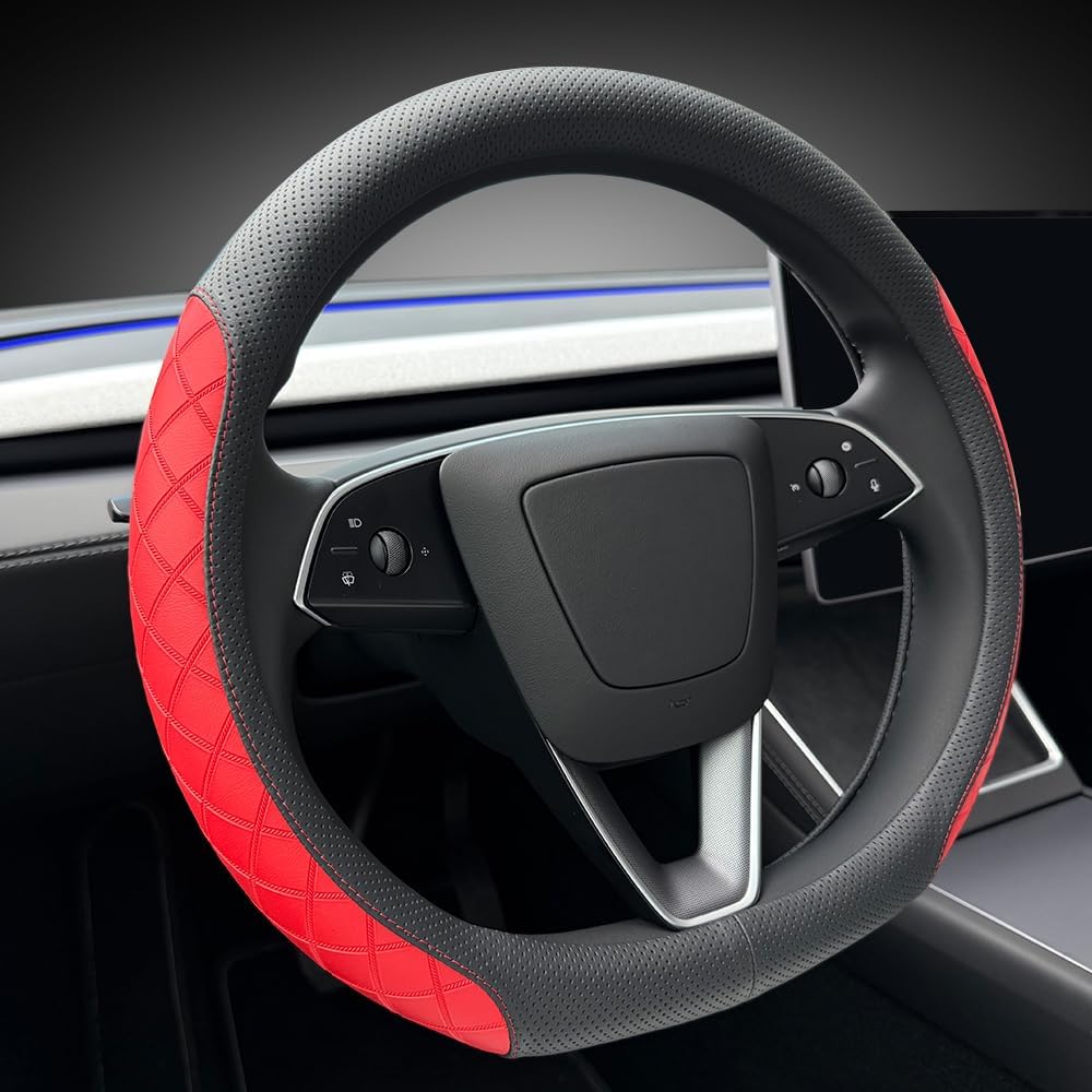 LKWLIKEI Nappa Leather Ultra-Thin Steering Wheel Cover, for Tesla Model 3/Y Steering Wheel Cover, Non-Slip Design and Interior Modification of car Accessories (Black)