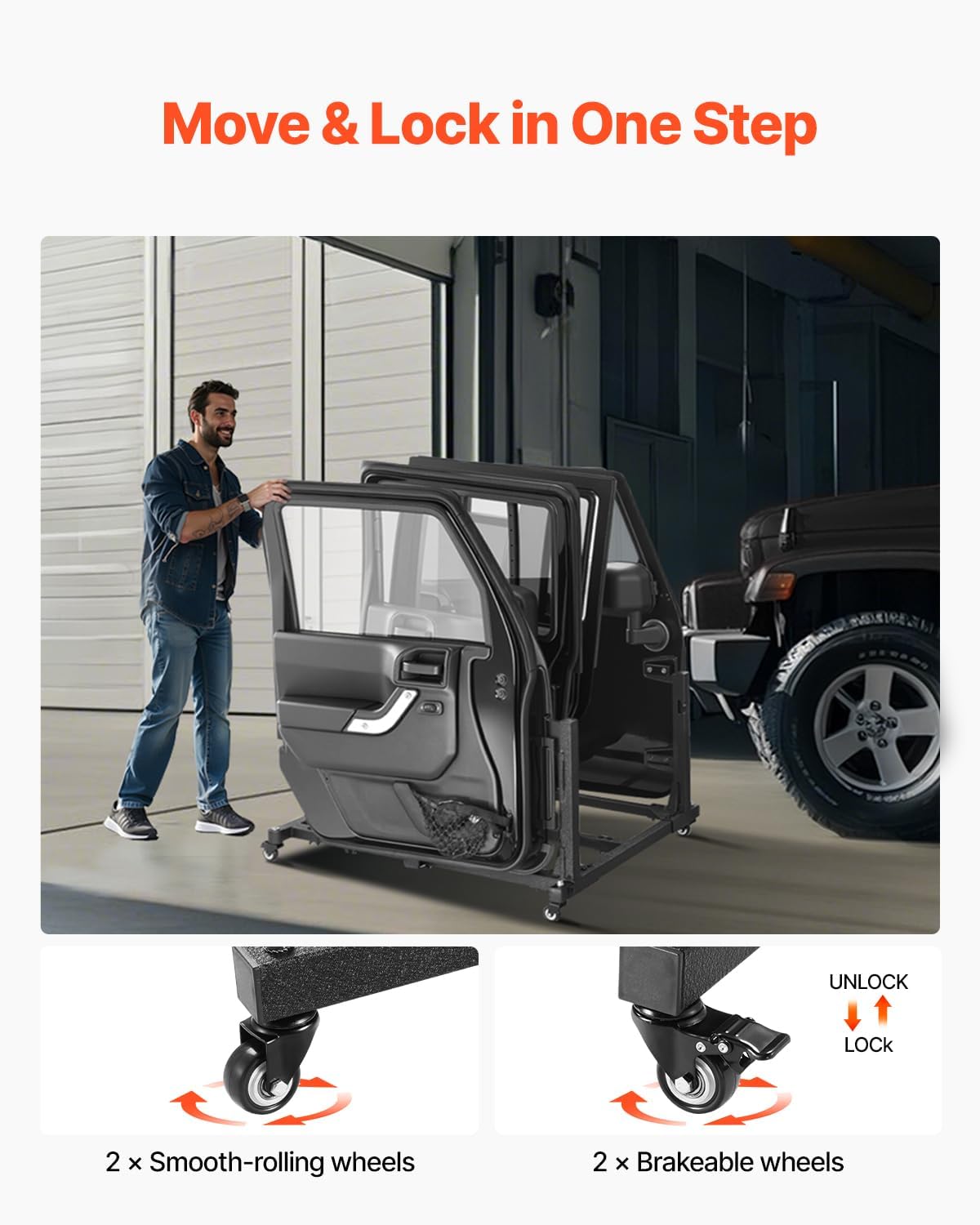 VEVOR Jeep Door Storage Cart, 4 Doors Moveable Storage Cart Rack with Thickened Rubber Cushion, Sturdy Car Door Holder Cart Fit for Jeep Wrangler JK JKU JL Gladiator