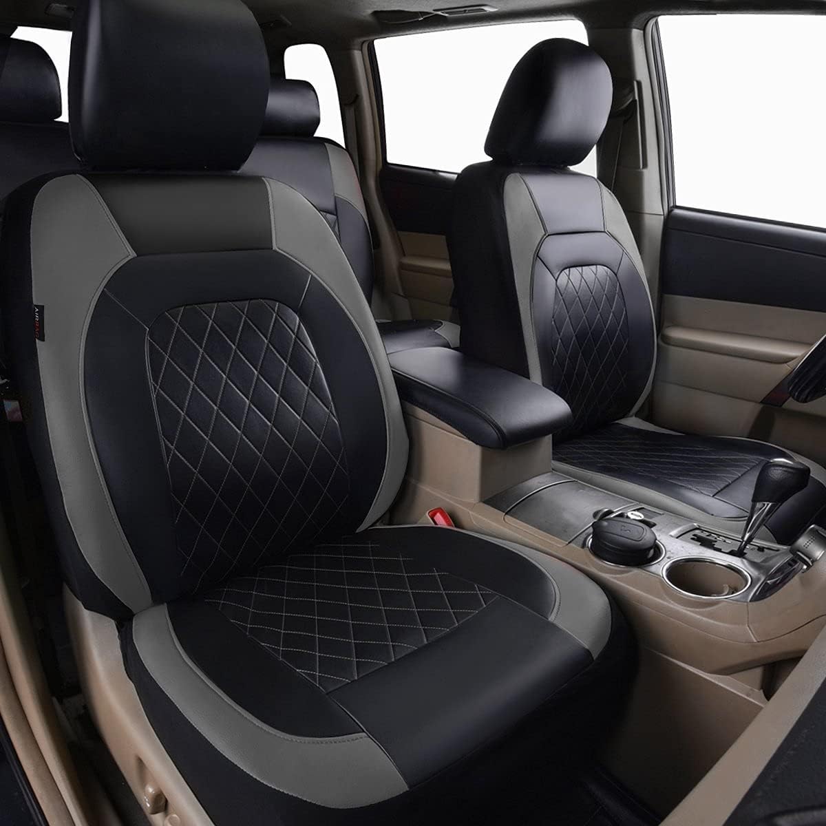 Deluxe Pu Luxury Leather Two Front Car Seat Covers, Waterproof Faux Leather Automotive Seat Covers 6 Pieces Airbag Compatible Universal Fit for Most Sedans SUVs Vans (Black and Grey)