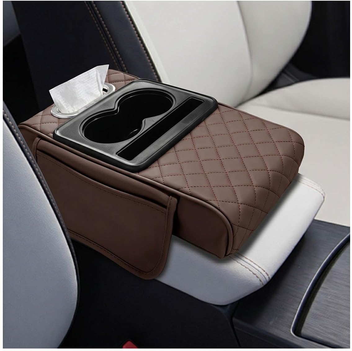 Leather Car Center Console Cover, Armrest Booster Cushion, Coffee