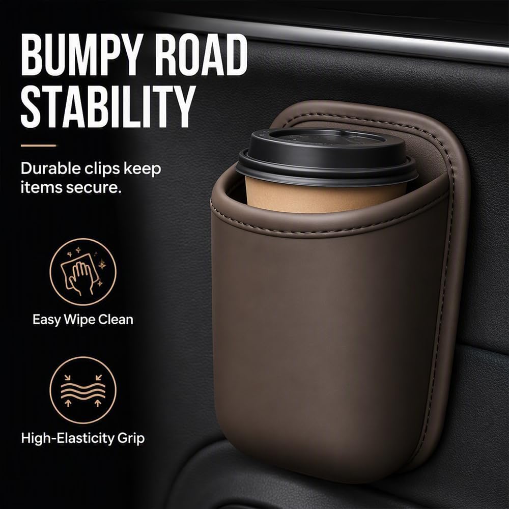 Leather Car Door Cup Holder Clip On Storage Organizer for Car, Black, Small