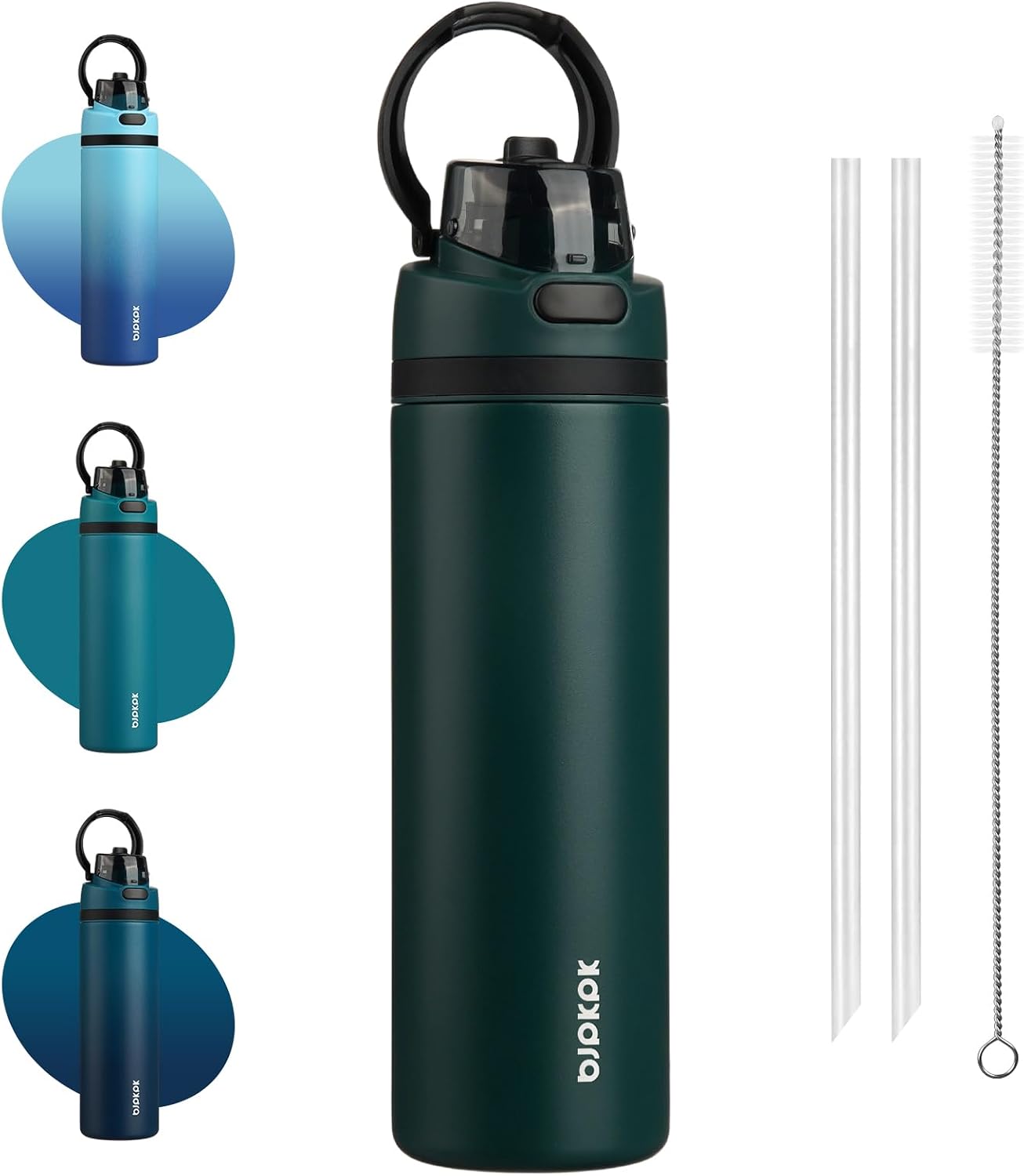 BJPKPK 25oz Insulated Water Bottle with 2-1 Straw Spout Lid, Stainless Steel Metal Water Bottles with Carry Handle, BPA Free, Leak-Proof, Fits in Car Cup Holder, Thermo for Sports,Army Green