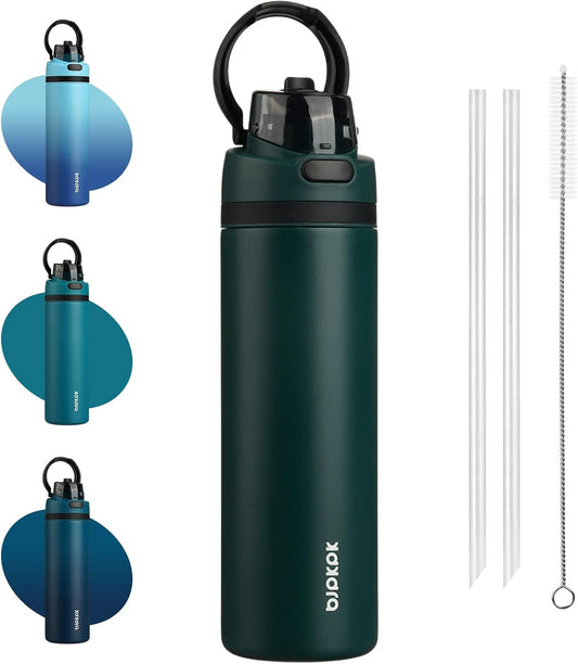 BJPKPK 25oz Insulated Water Bottle with 2-1 Straw Spout Lid, Stainless Steel Metal Water Bottles with Carry Handle, BPA Free, Leak-Proof, Fits in Car Cup Holder, Thermo for Sports,Army Green