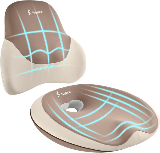 FLORICH Seat Cushion Lumbar Support Pillow for Office Chair, Car Lower Back Support, Ergonomic Desk Chair Pillow for Butt and Back Support of Memory Foam Seat Pad(Brown)