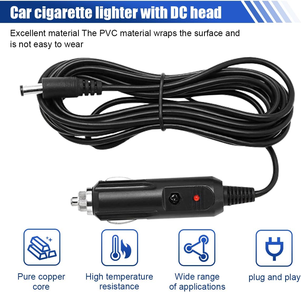 12V Car Charger with 5V DC Power Cable, Universal DC 5.5x2.1mm Plug Power Cord with 11 Connectors, Cigarette Lighter Plug Charging Cable for DVD Player, GPS, Camera, Bluetooth Speaker