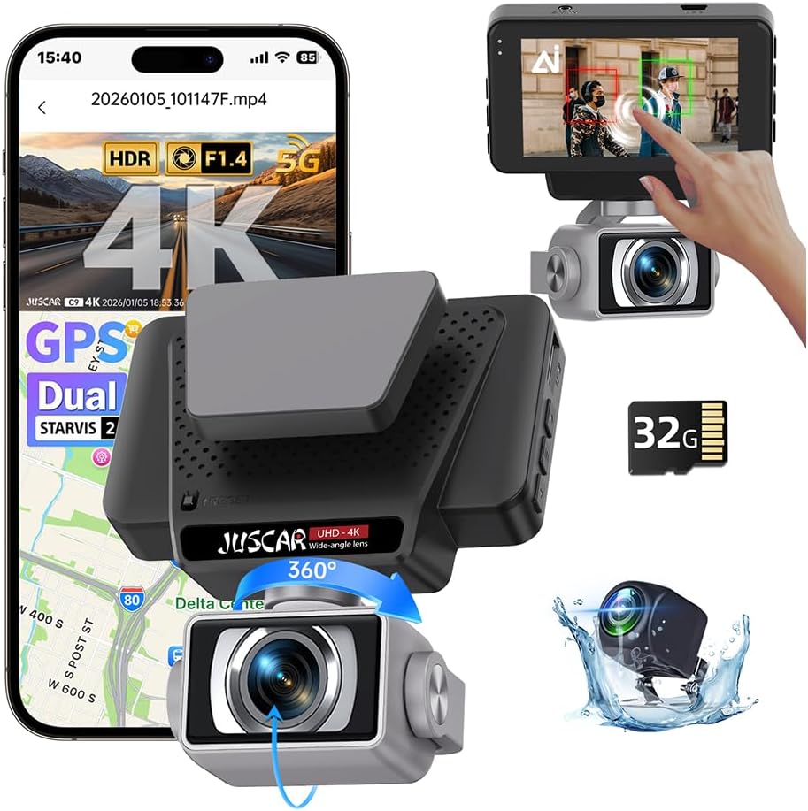 2026 AI Drive Assist 5G WiFi Dash Cam Front and Rear, UHD 4K+1080P, ADAS & GPS, 360° Rotating Front x Free 32GB Card Dual Dashcam, 3" Touch Screen, 24H Parking Mode, Support 512GB Max