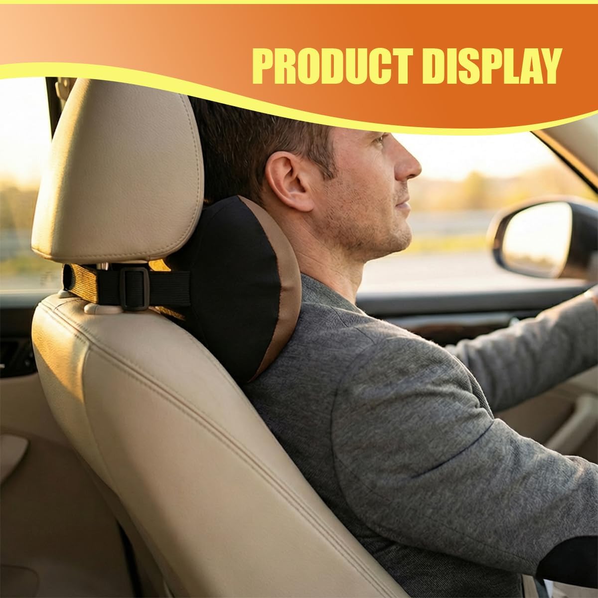 Car Headrest Pillow, Soft Memory Foam Car Neck Support Pillow for Pain Pressure Relief, Breathable Auto Interior Head Rest Cushion with Adjustable Strap for Comfortable Driving (Coffee)