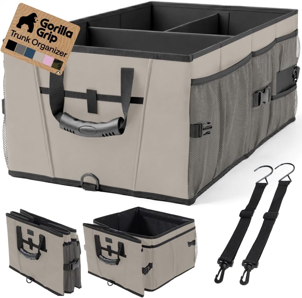 GORILLA GRIP Trunk Organizer for SUV and Cars, Large Capacity Collapsible Car Trunk Storage Organizer, Heavy Duty Car Accessories, Gifts for Mom and Dad, Slip & Water Resistant Multi Compartment Beige