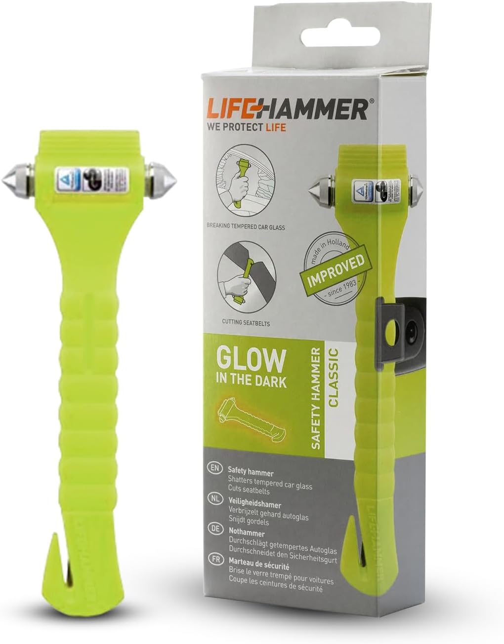 Lifehammer Brand Safety Hammer, the Original Emergency Escape and Rescue Tool with Seatbelt Cutter, Made in the Netherlands, Glow Yellow