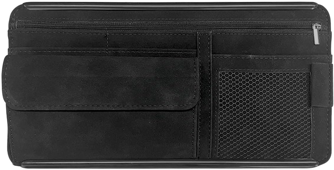 Suede Car Sun Visor Organizer with Multi-Pocket Net Zipper, Glasses Case, Sunglass Holder for Interior Accessories (Black)