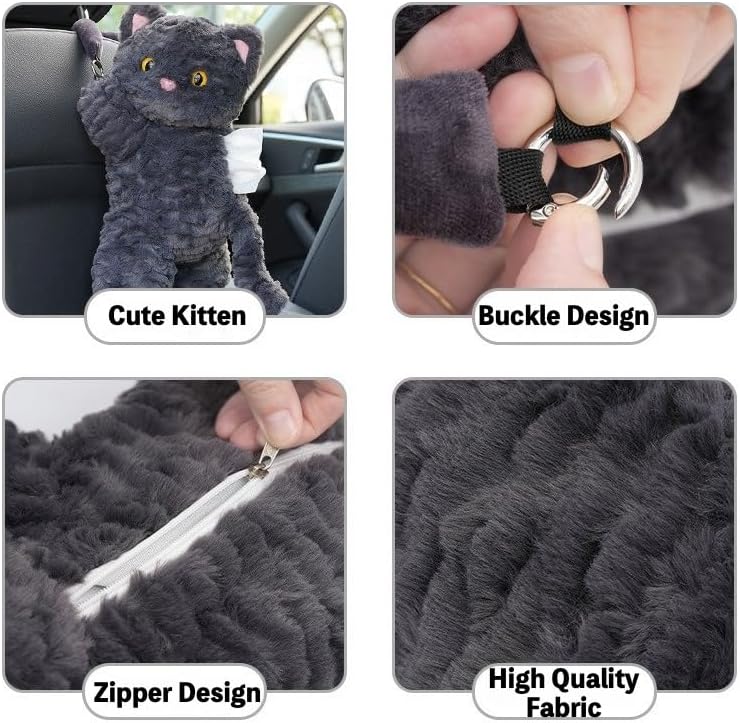 Plush Cat Car Tissue Holder Backseat Hanging Organizer, Black