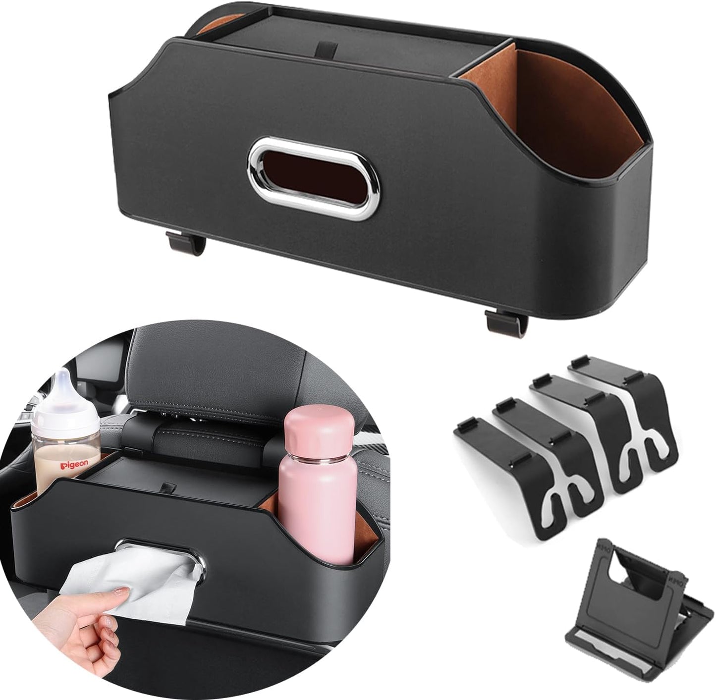 Car Back Seat Organizer with 2 Drink Cup Holder and Tissue Box, Headrest Hanging Storage Box with Hooks and Phone Holder, Multi-Functional Storage for Kids and Travel. (Black)