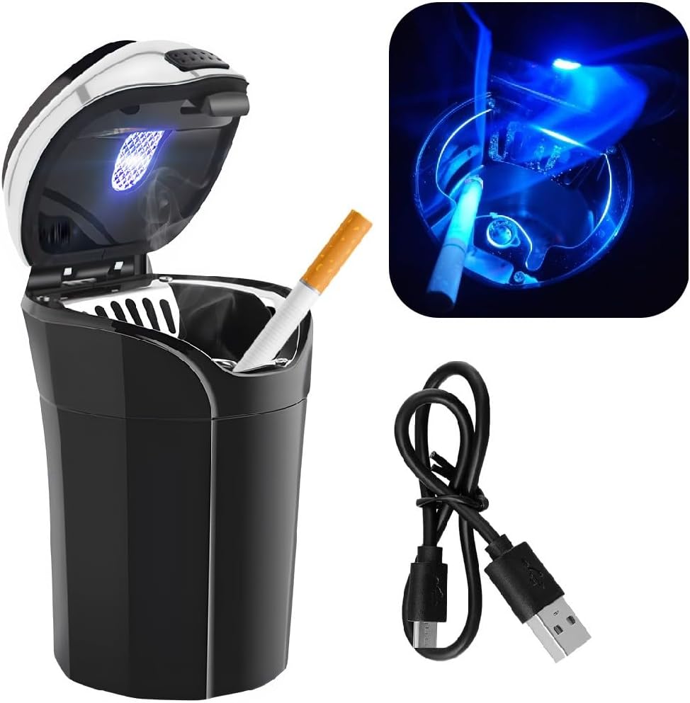 povtii Car Ashtray with Lid, Rechargeable Stainless Auto Ashtray with LED Light Indicator, Portable Smell-Proof Ashtray Cup with Lid & Detachable Cigarette Lighter, Car Accessories (Silver)