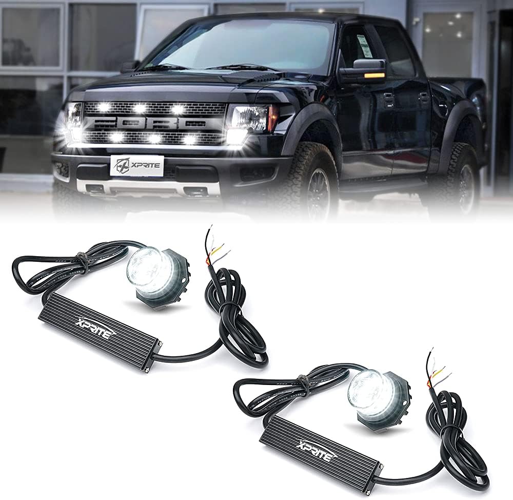 Xprite White LED Hideaway Strobe Lights Kit with 14 Flash Patterns, Surface Mount Headlight Taillight Grill Flashing Light for Construction Towing Snow Plow Pickup Work Trucks Cars - 4PCS