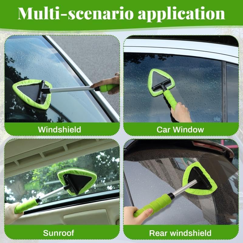 Windshield Cleaning Tool, Microfiber Car Window Cleaner with 3 Reusable and Washable Microfiber Pads and Extendable Handle (Green)
