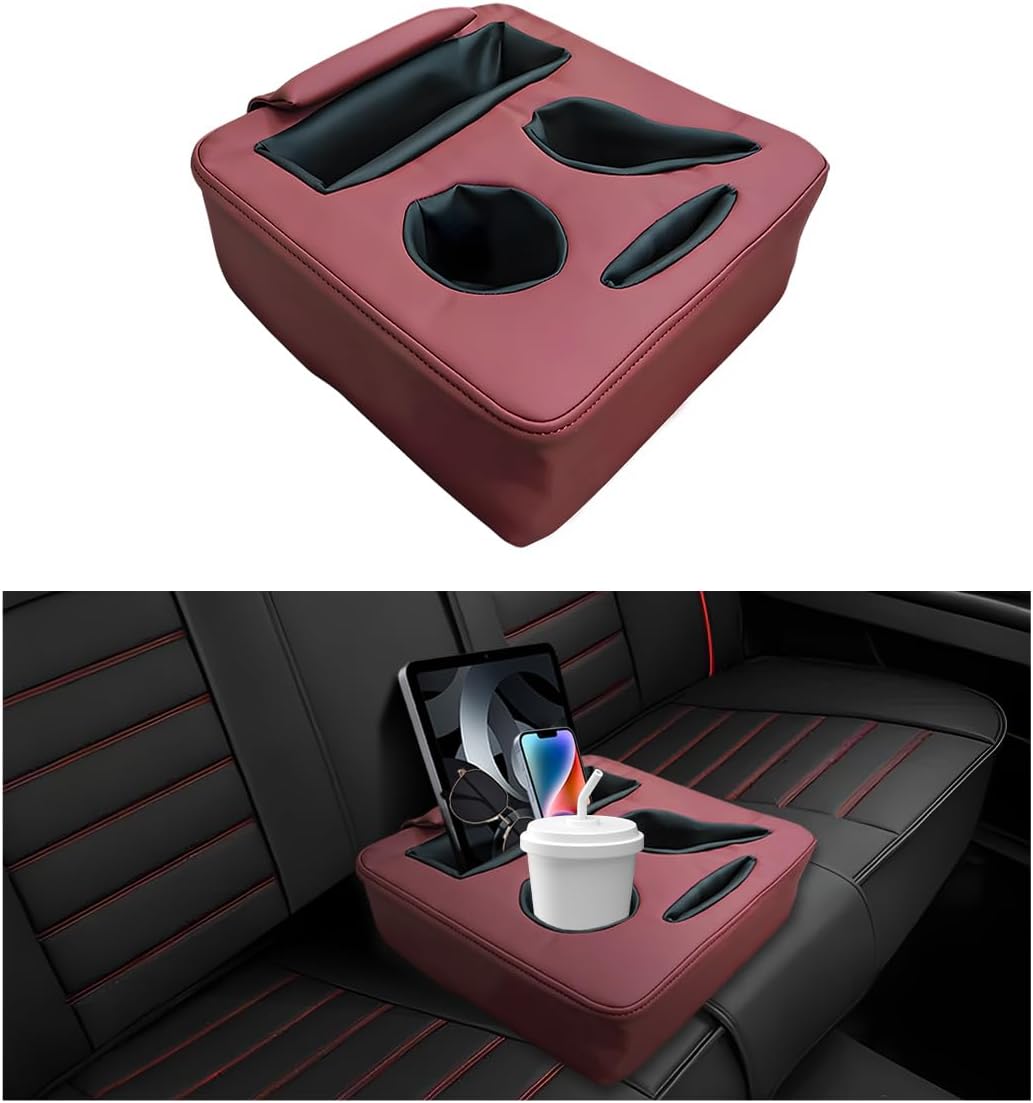 Car Back Seat Organizer, Leather Automotive Rear Seat Couch Cup Holder Expander Tray, Vehicle Cup Holder Tray Holds Snacks Remotes Phones for Truck RV Boat Couch Pillow Bed