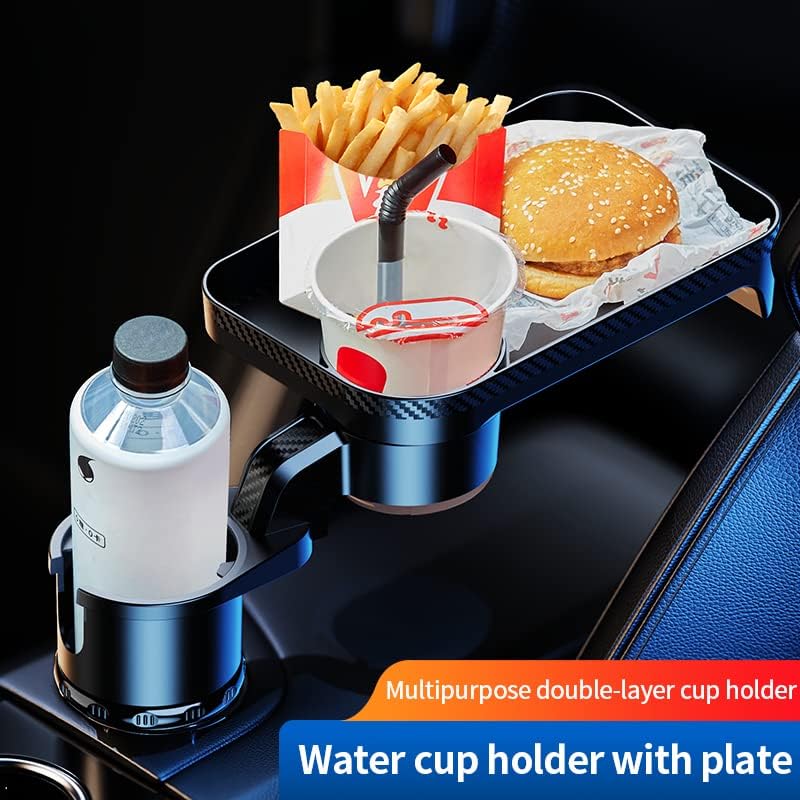 Car Cup Holder Tray, 2 in 1 Cup Holder Expander Car Food Table Tray with Adjustable Base, 360° Rotate Car Tray for Eating, Detachable Car Table Fits Yeti, Hydro Flask 16-46 oz