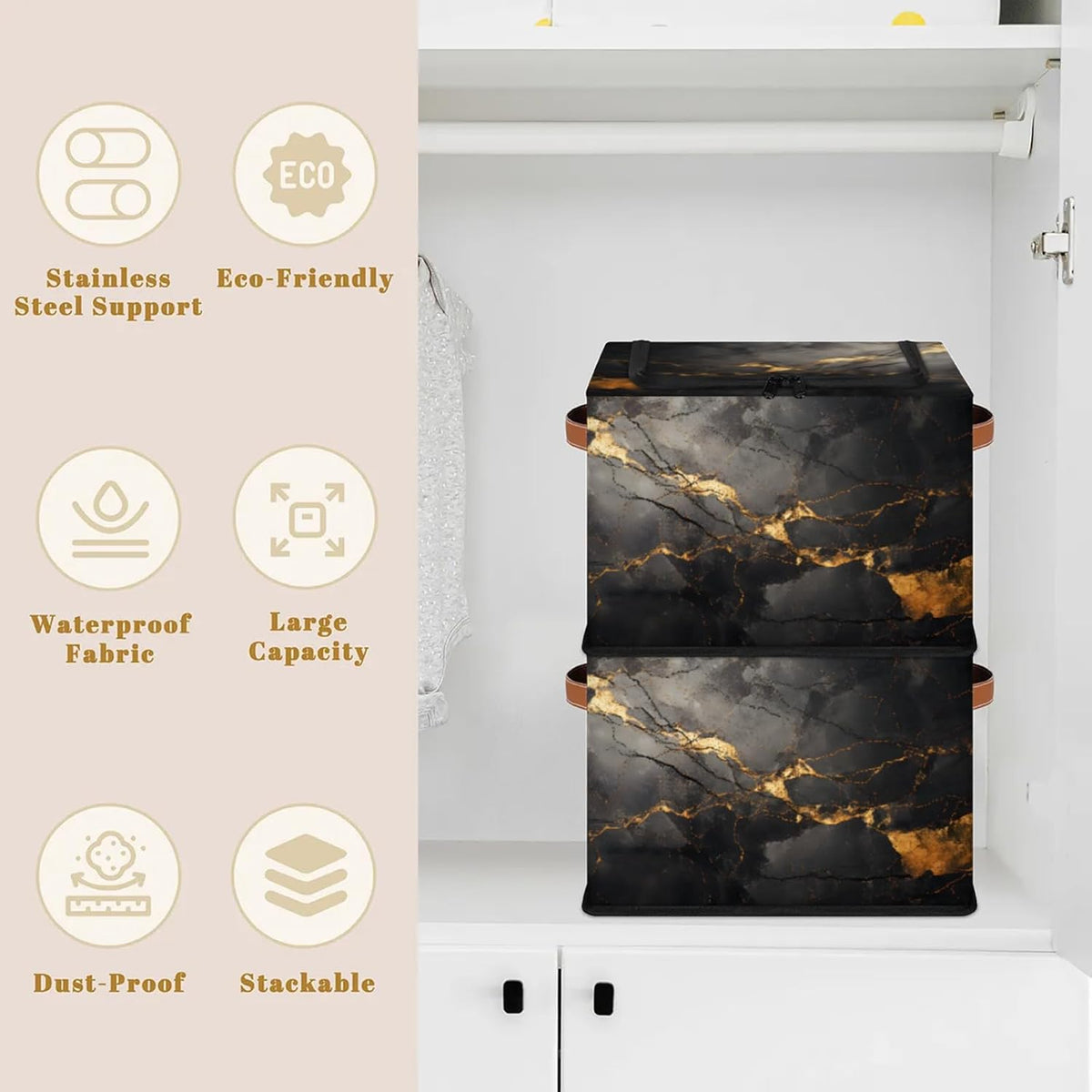 Black Gold Marble Storage Bins With Zipper Lid, Collapsible Trunk Organizer, Car Organizers and Storage Bins with Lids, Decorative Storage Boxes with Handle, Home Storage Baskets For Organizing