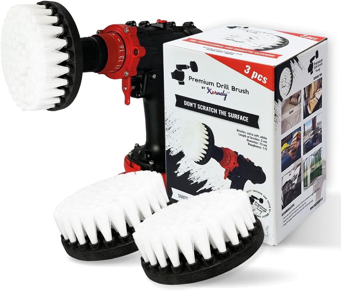 Premium Drill Brush Professional – Extra-Soft 5 in White Set of 3 | Scratch-Free Cleaning Brush for Carpet, Upholstery, Leather Seats, Glass, Furniture and Car Interior