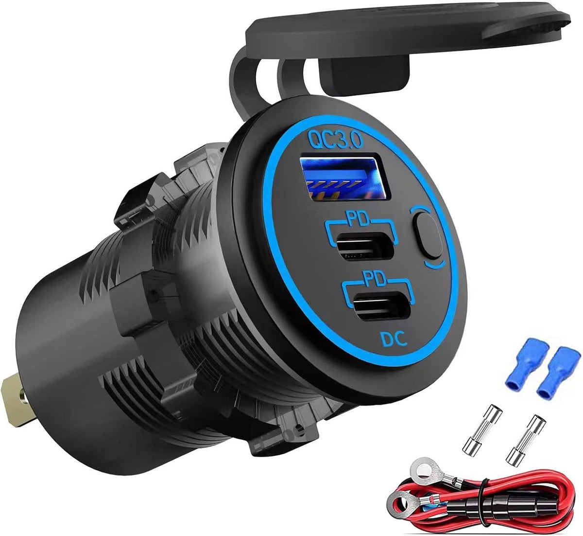 2 Pack 12V USB Outlet Wired Charger Multi Port, Dual PD3.0 USB-C and Quick Charge 3.0 Car Port Socket with Power Switch, Fast Charger for Cell Phone Tablet, Suitable for Car Boat RV Marine ATV