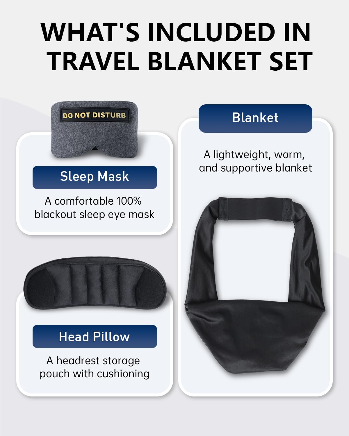 Travel Pillow and Blanket Set, Compact Airplane Pillow Bag with Eye Mask for Long Flights Sleeping, 360° Support Head Strap Travel Essentials for Plane Car Sleep Neck Upright, Stop Head Drop(Grey)