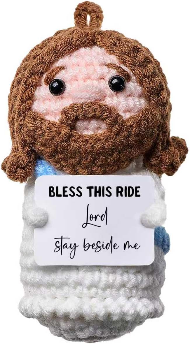 Bless This Ride Handmade Crochet Jesus Rearview Mirror Charm, with Safe Drive Blessing, Gift for Husband, Boyfriend or a Loved One, New Car Gift, Christian Car Accessory,Gifts for Father's Day.