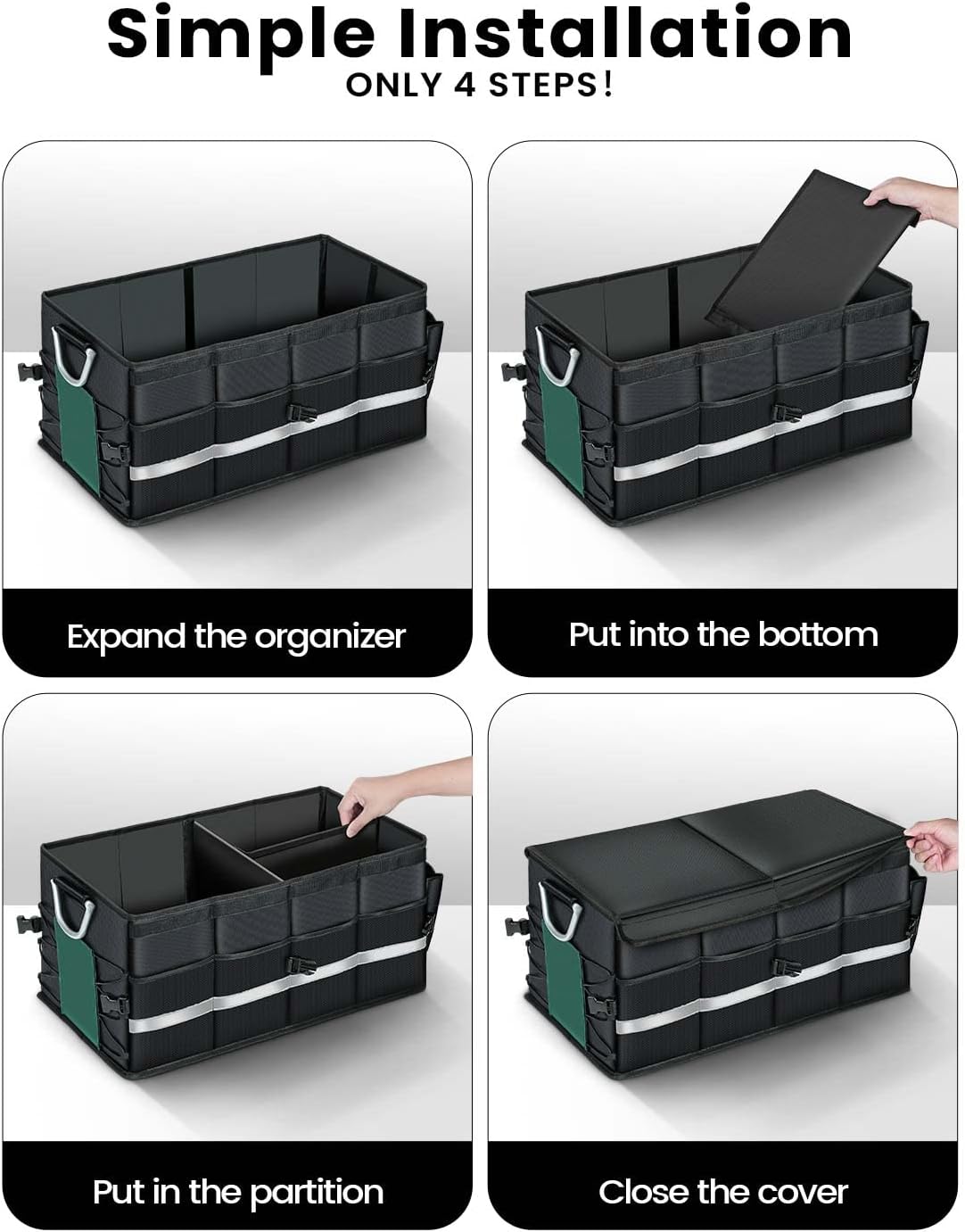 WINHUNT Trunk Organizer With Waterproof Bag, Collapsible Multi Compartment Storage for Car, SUV, Sedan, Truck - Non Slip Bottom, Aluminium Handle (Black, Large 66L)