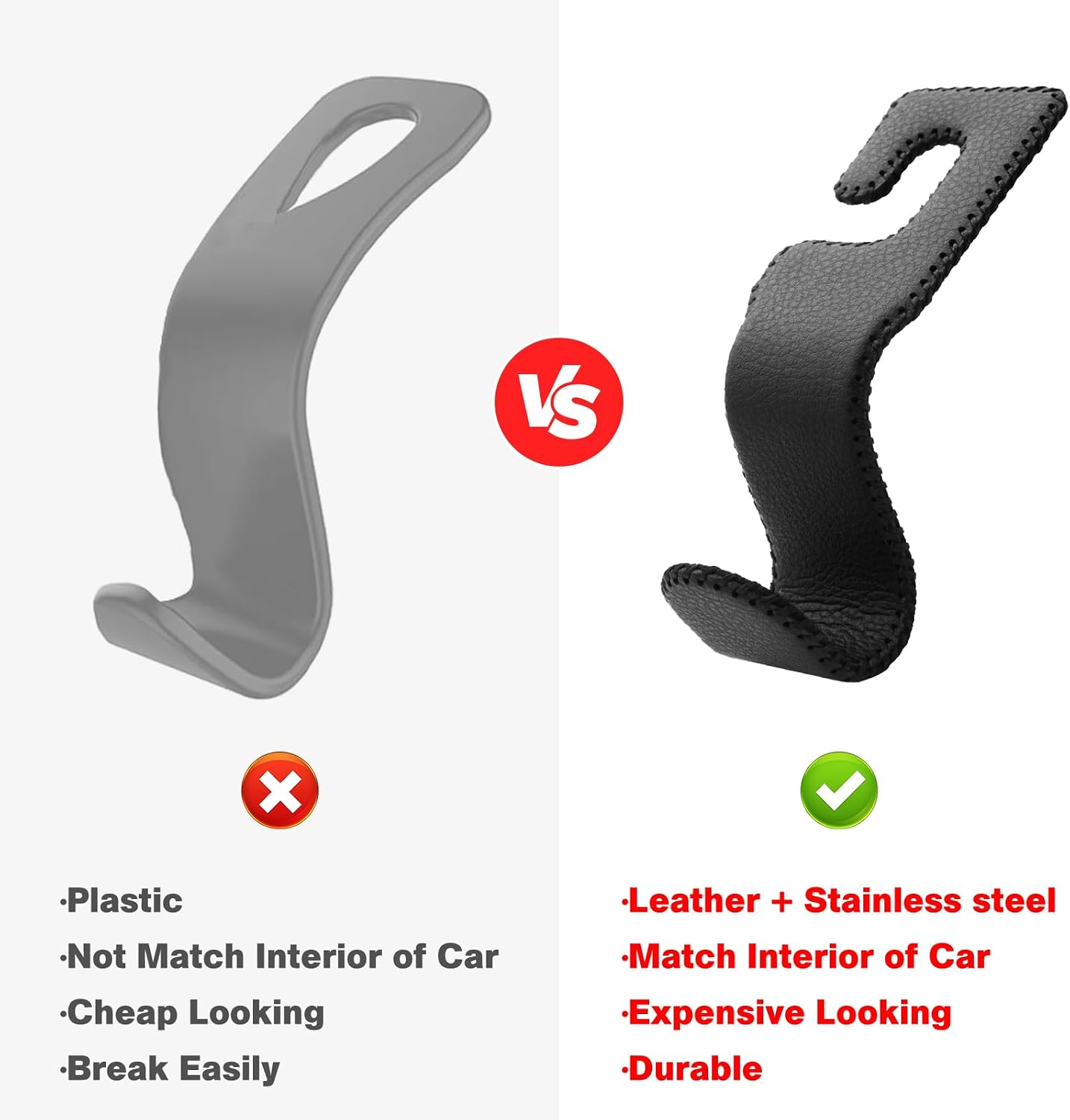 AMVOYOA Leather-Wrapped Car Headrest Hooks & Seat Back Organizer - 2 Pack U-Shaped Car Purse Holder for Bags, Coats, Handcrafted Stitching, Flexible Car Accessories for Women (Gray)
