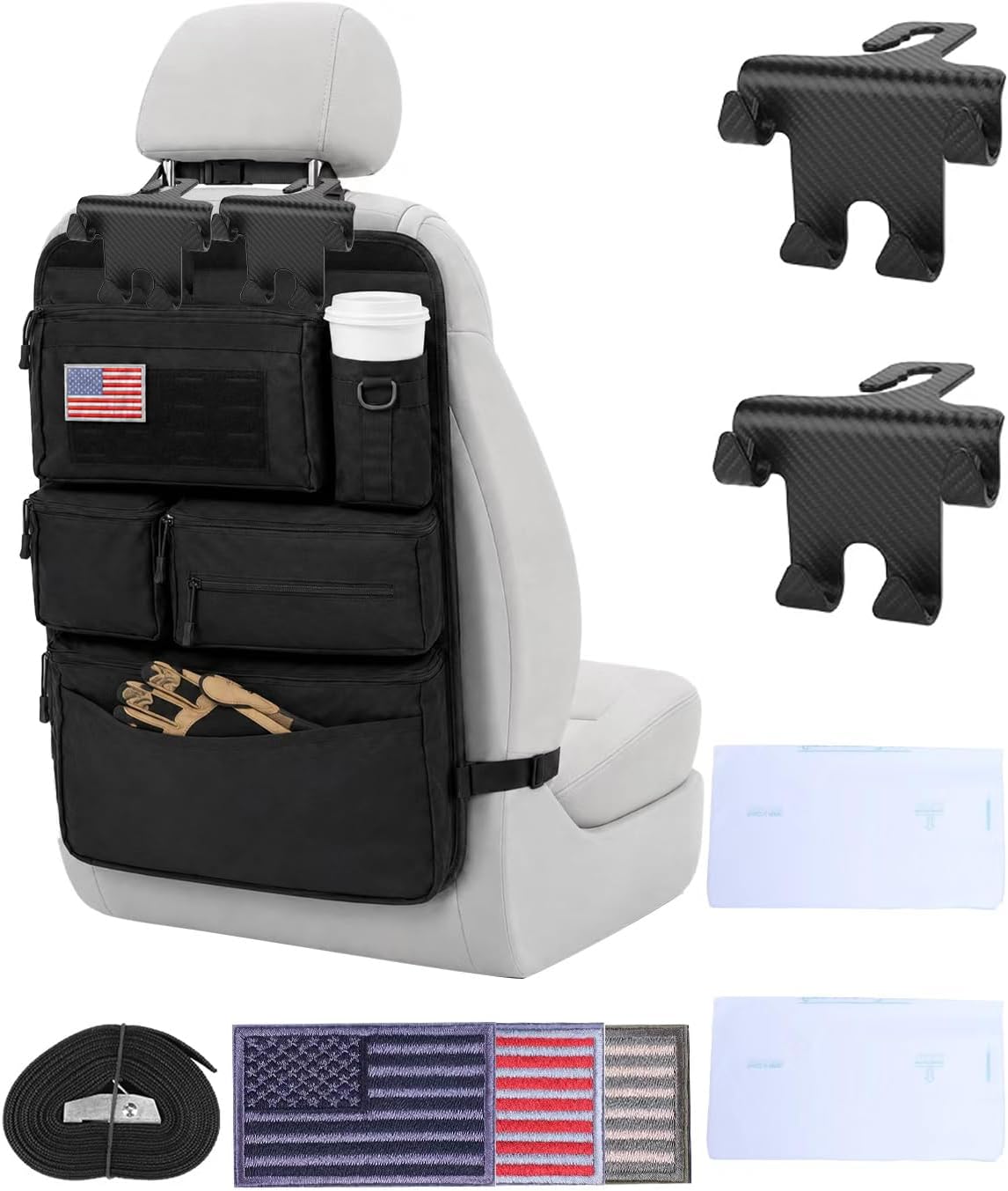 Tactical Car Seat Back Organizer Kit, MOLLE Vehicle Seat Organizer with Storage Panel, Strap, Hooks & Trash Bags, Universal Car Accessories for Truck SUV Jeep Interior Storage Organizer