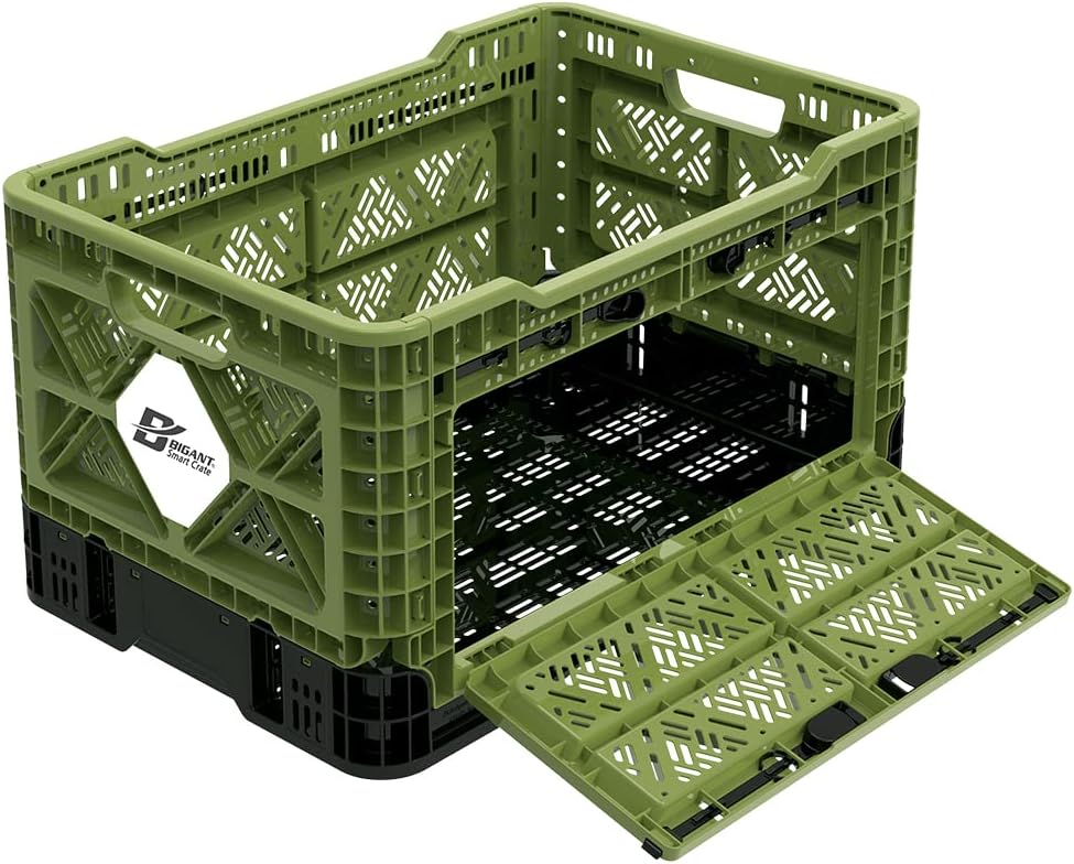 Bigant Heavy Duty Collapsible & Stackable Plastic Milk Crate-Medium Size, Olive, Stackable Open Front Organizer, Set of 1, Snap Lock Foldable Industrial Garage Storage Bin Container Utility Basket