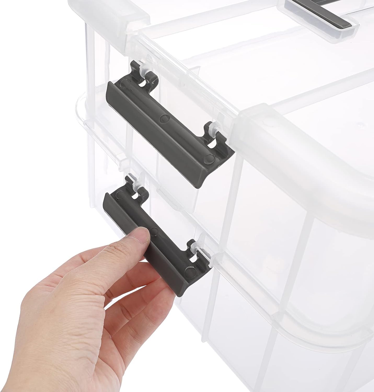 BTSKY 2 Layer Stack & Carry Box, Plastic Multipurpose Portable Storage Container Box Handled Organizer Storage Box for Organizing Stationery, Sewing, Art Craft, Jewelry and Beauty Supplies Dark Grey