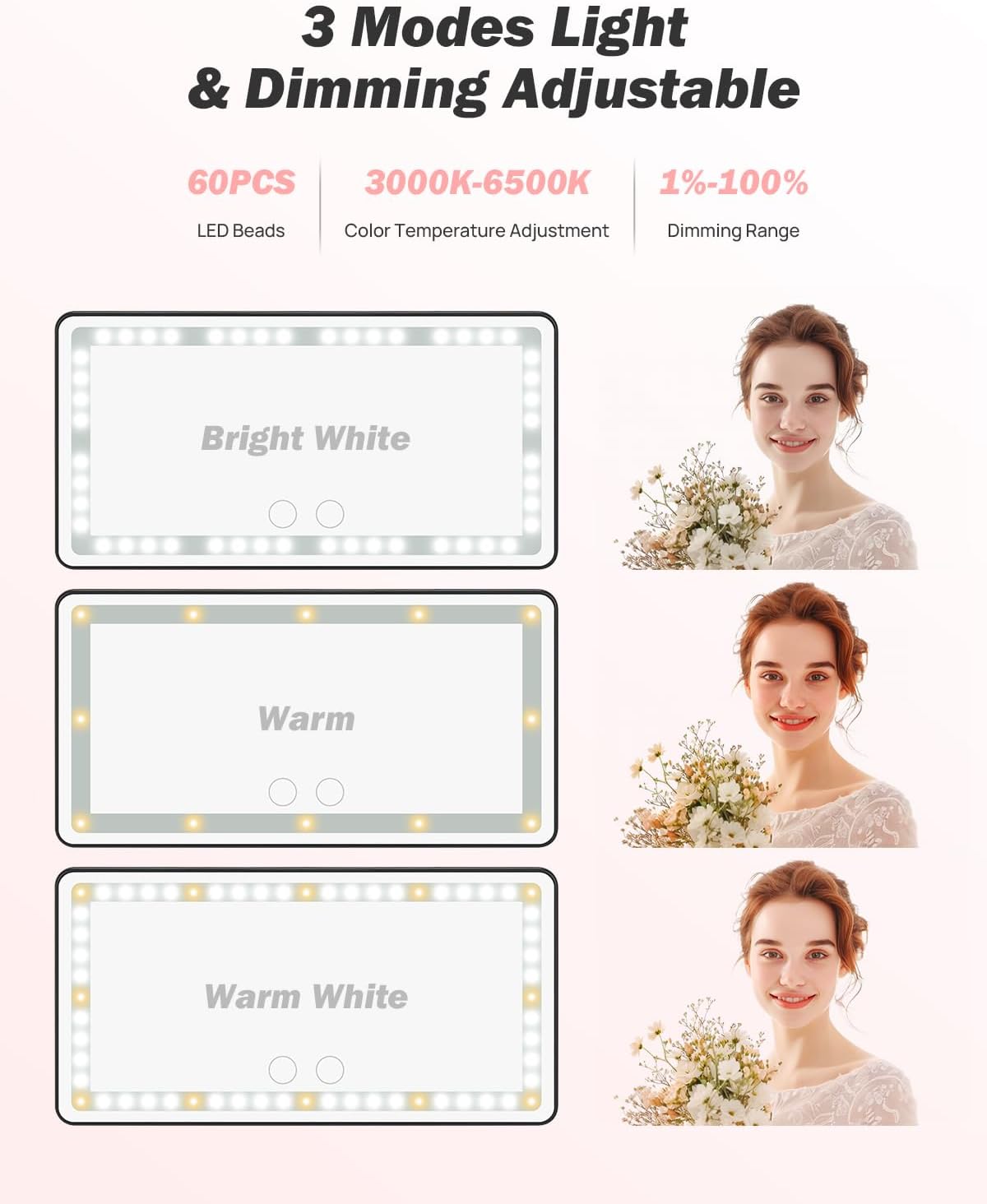 JOYTUTUS Car Sun Visor Vanity Mirror with Lights, 3 Light Modes & 60 LEDs, Rechargeable Dimmable Touch Control Travel Makeup Mirror for Truck SUV