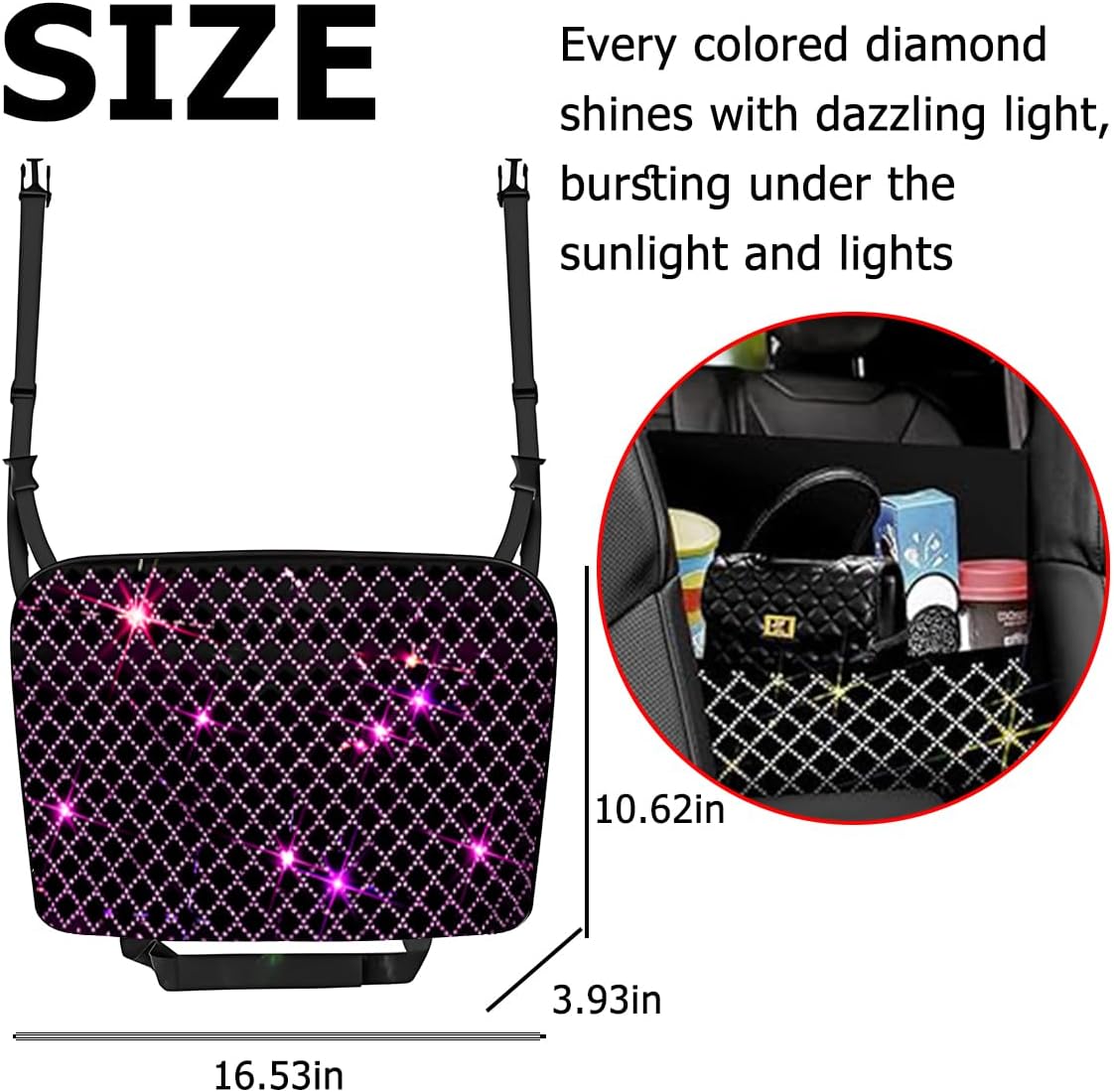 zipelo Bling Car Net Pocket Handbag Holder, Rhinestone Vehicle Backseat Purse Organizer Between Seats, Diamond Hanging Storage Bag Barrier of Pet Kids, Universal Automotive Accessories (Pink)