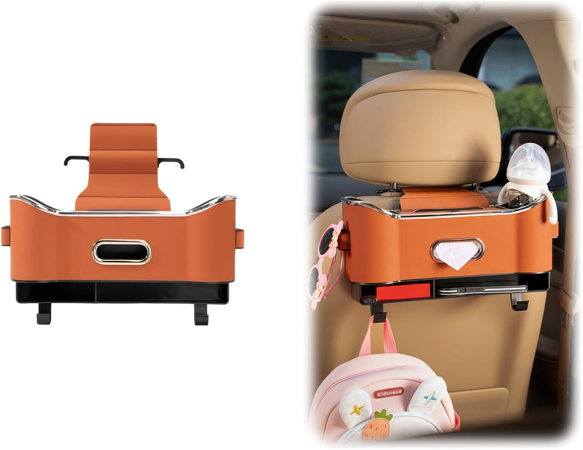 Multifunctional Car Backseat Organizer with Cup Holder, Tissue Box, Trash Bin & Hooks, 3-in-1 Back Seat Car Organizer for Hold Phones, Snacks, Drinks, and Handbags (Original Model - Orange)