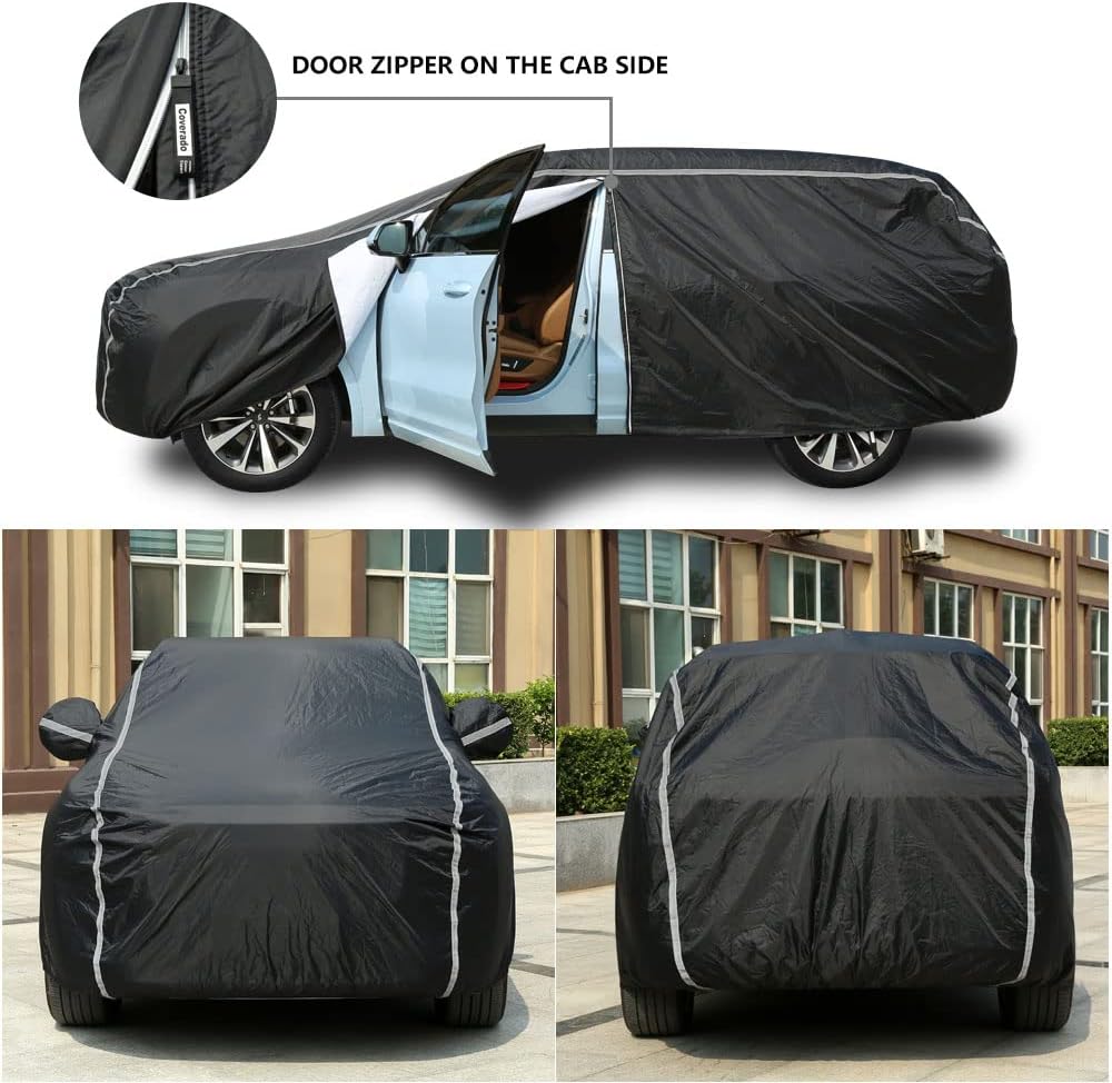 Car Cover Waterproof All Weather SUV - Coverado Black Car Cover UV Protection with Zipper Door, Cotton Backing Snowproof Hail Protection Windproof, Universal Fit for SUV (206"-215")