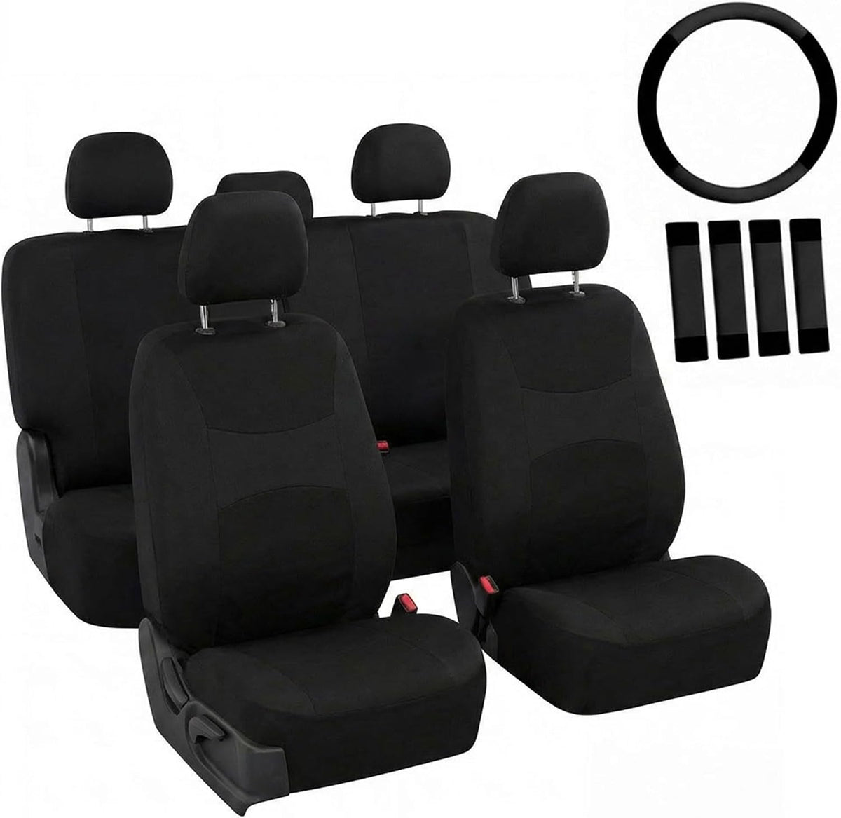 FH Group Full Set Cloth Car Seat Covers, Universal Fit Front and Split Bench Rear, Airbag Compatible, Washable for SUV, Sedan, Van - Black