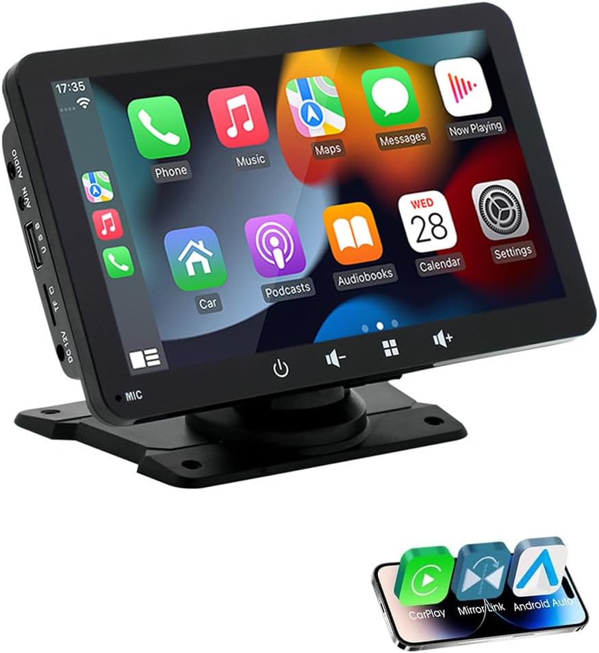 Eaglerich Portable Wireless Carplay & Android Auto Screen for Car, 7" HD Touch Car Stereo with Mirror Link, Bluetooth 5.0, FM Transmitter, AUX, USB/TF Card, Fits Most Vehicles