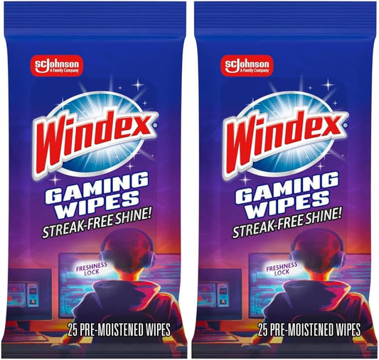 Windex Gaming Cleaning Wipes, Pre-Moistened Wipes to Instantly Clean all Gaming Gear and Electronics, Resealable Packaging for a Freshness Lock, 25 count (Pack of 2)