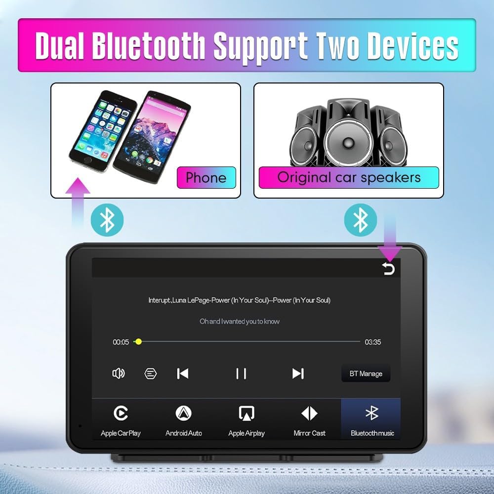Kunfine Universal Portable Wireless Carplay Screen Android Auto, 7 Inch Touchscreen Wireless Car Play Screen AHD Reverse Camera for Car Support Airplay Voice Control FM Bluetooth AUX