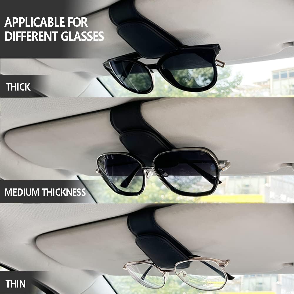2Pcs Sunglass Holder for Car, Magnetic Leather Eyeglass Hanger Clip for Car Sun Visor, Sunglasses Holder and Ticket Card Clip for Car Visor Accessories